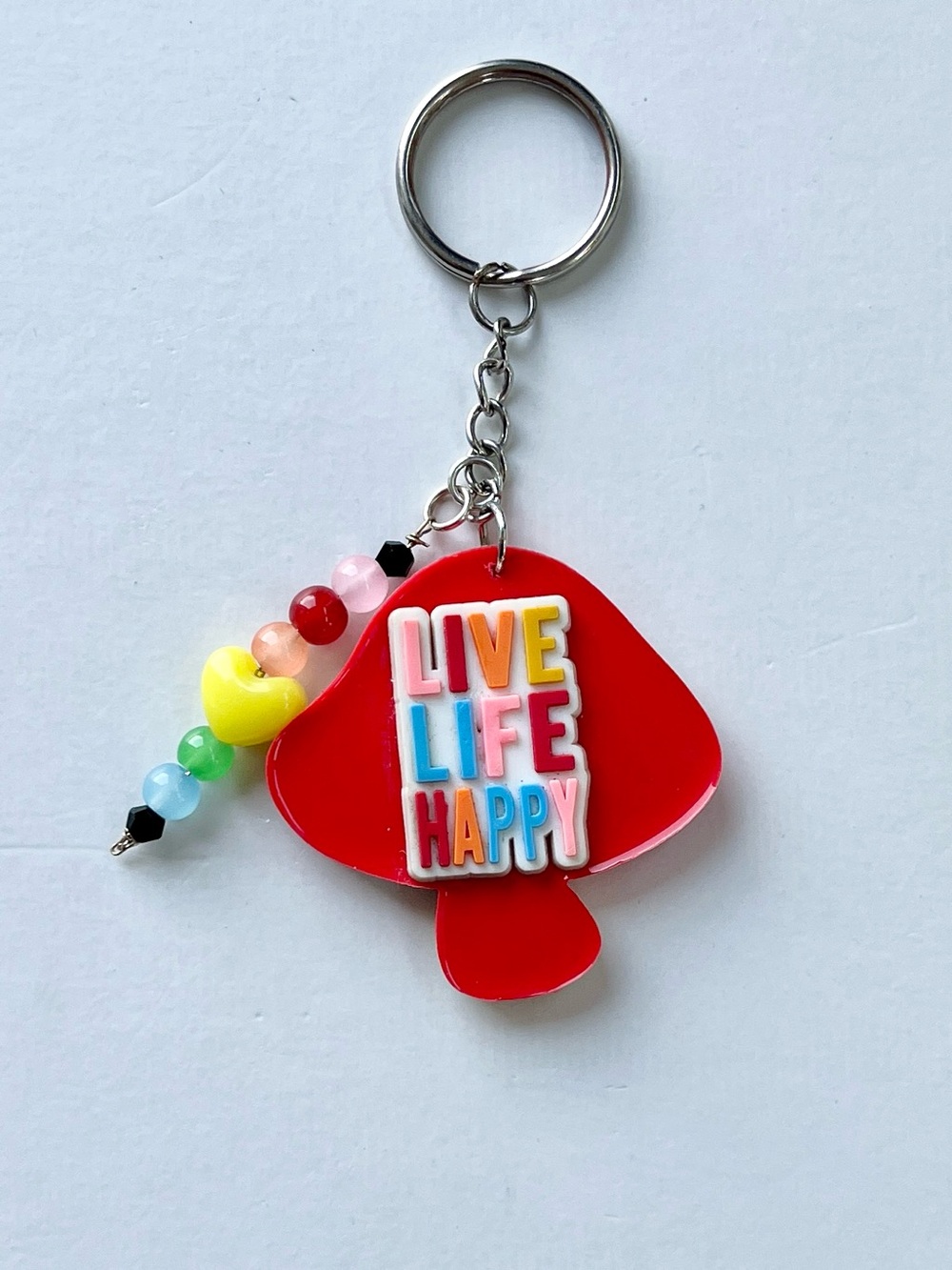 🍄 “Live Life Happy” Mushroom Keychain Charm with Rainbow 🌈 & 💛 Bead Accents